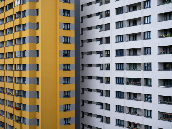 Colorful high-rise buildings in Berlin showcasing modern apartment design.