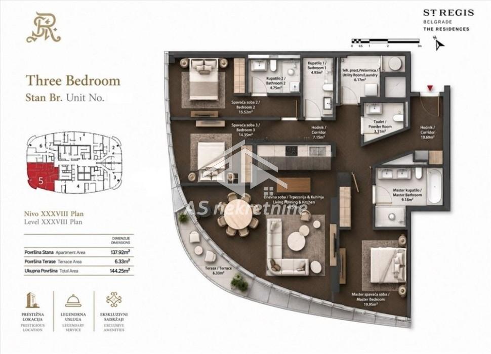 Četvorosoban stan za izdavanje, Beograd na Vodi, Beograd, 144m², 15.000 €/mes